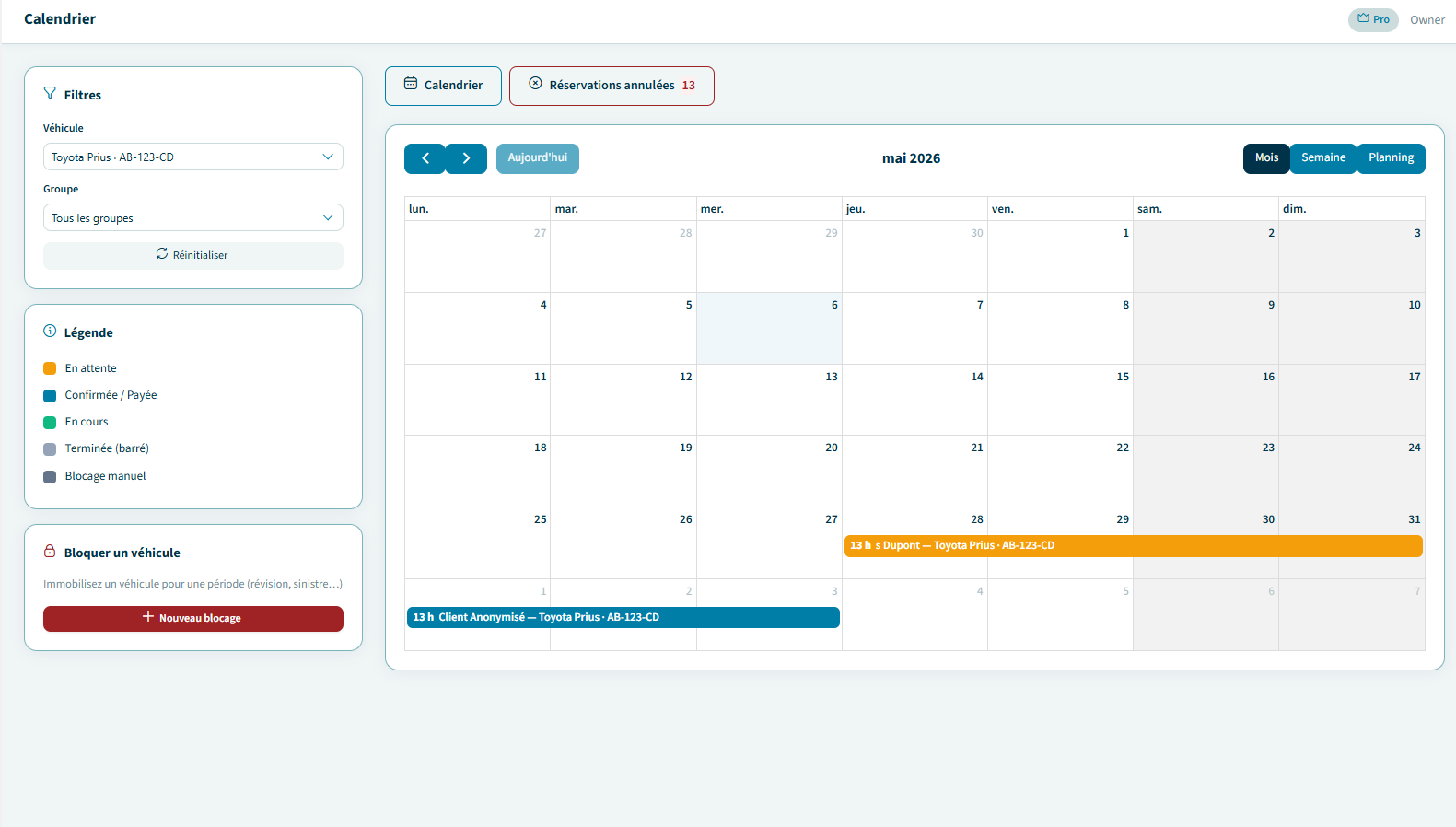 Réservations & Calendrier